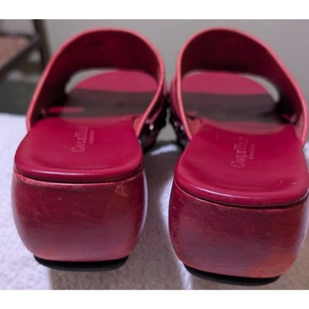 Cole Haan Country Red Tooling Leather Studded Platform Clogs Mules Sandals 8 AA